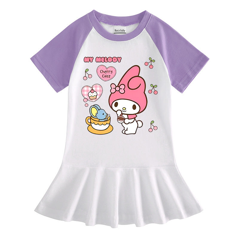 CI26041512夏季韓版時尚童裝卡通半袖女孩女孩撞色女寶寶洋氣百褶裙