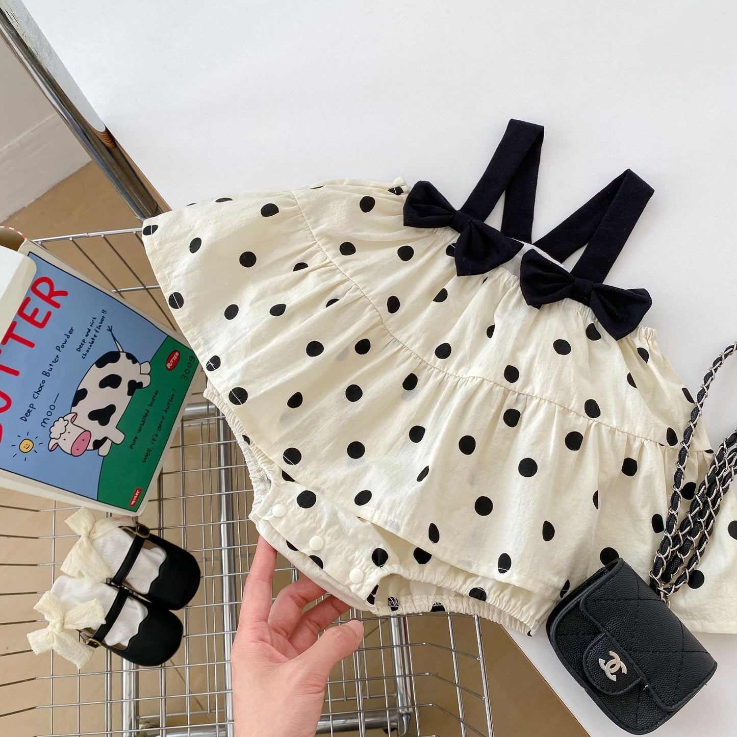 GN26030905ins夏季女寶寶衣服蝴蝶結吊帶包屁衣洋氣圓點公主哈衣裙爬服(2件起批)GN開頭需下單2款才有出貨,可混搭