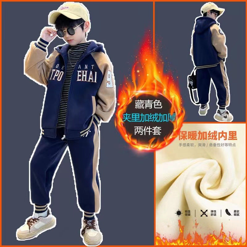 FG25112016兒童裝男童套裝加絨冬季2025新款中大童加厚裙子休閒長褲男孩冬裝
