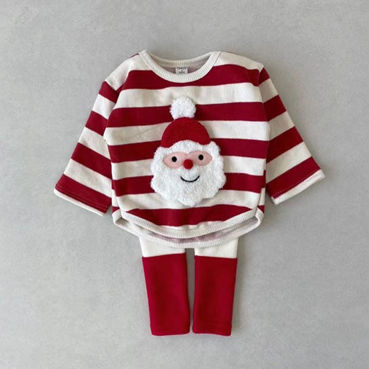 Z23112702冬款儿童圣诞卫衣T恤条纹爱心圆领长袖舒适保暖童上衣节日装