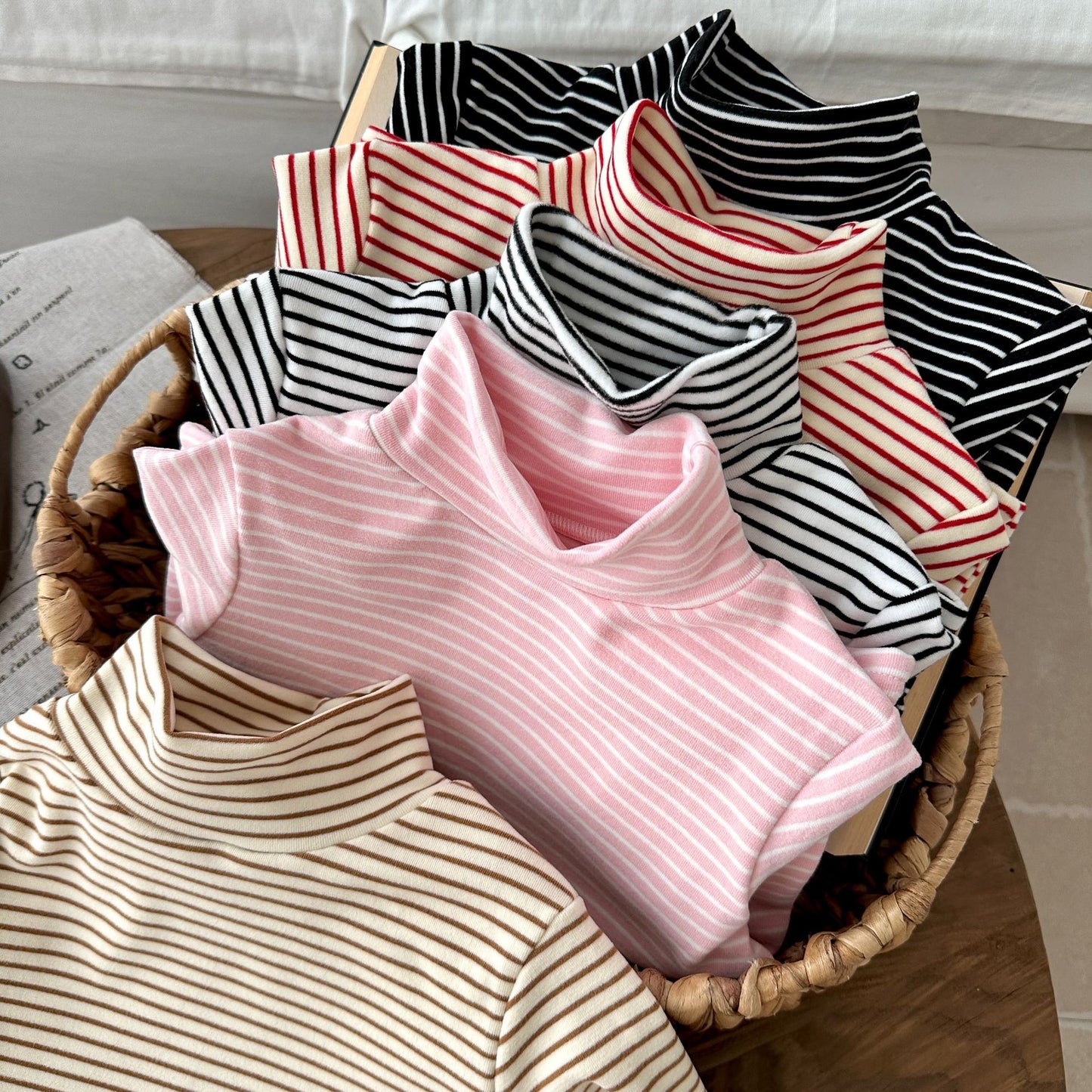 CA25112718秋冬兒童時尚條紋打底衫半高領德絨童裝長袖T卹內女孩搭保暖上衣