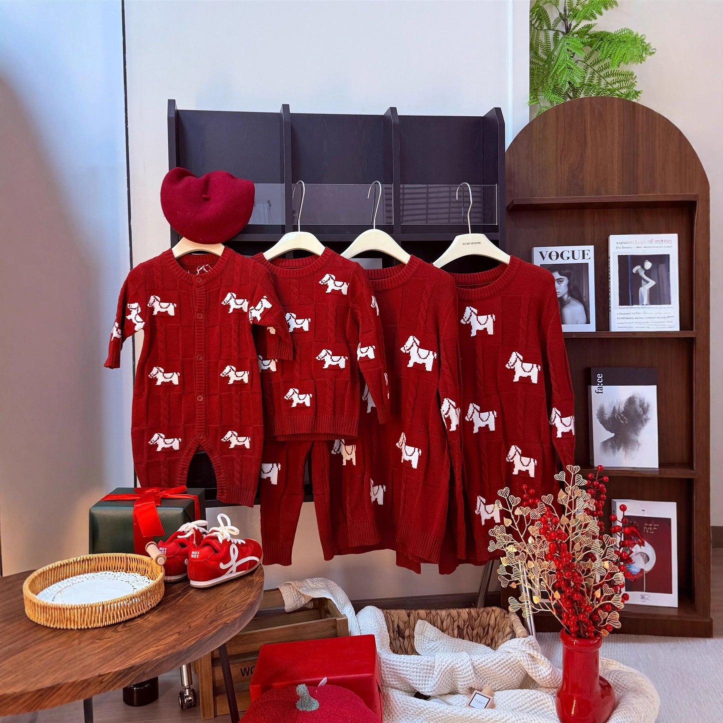 L26010615馬年親子裝一家三四口2026新款秋冬紅色毛衣針織衫拜年服母女裝