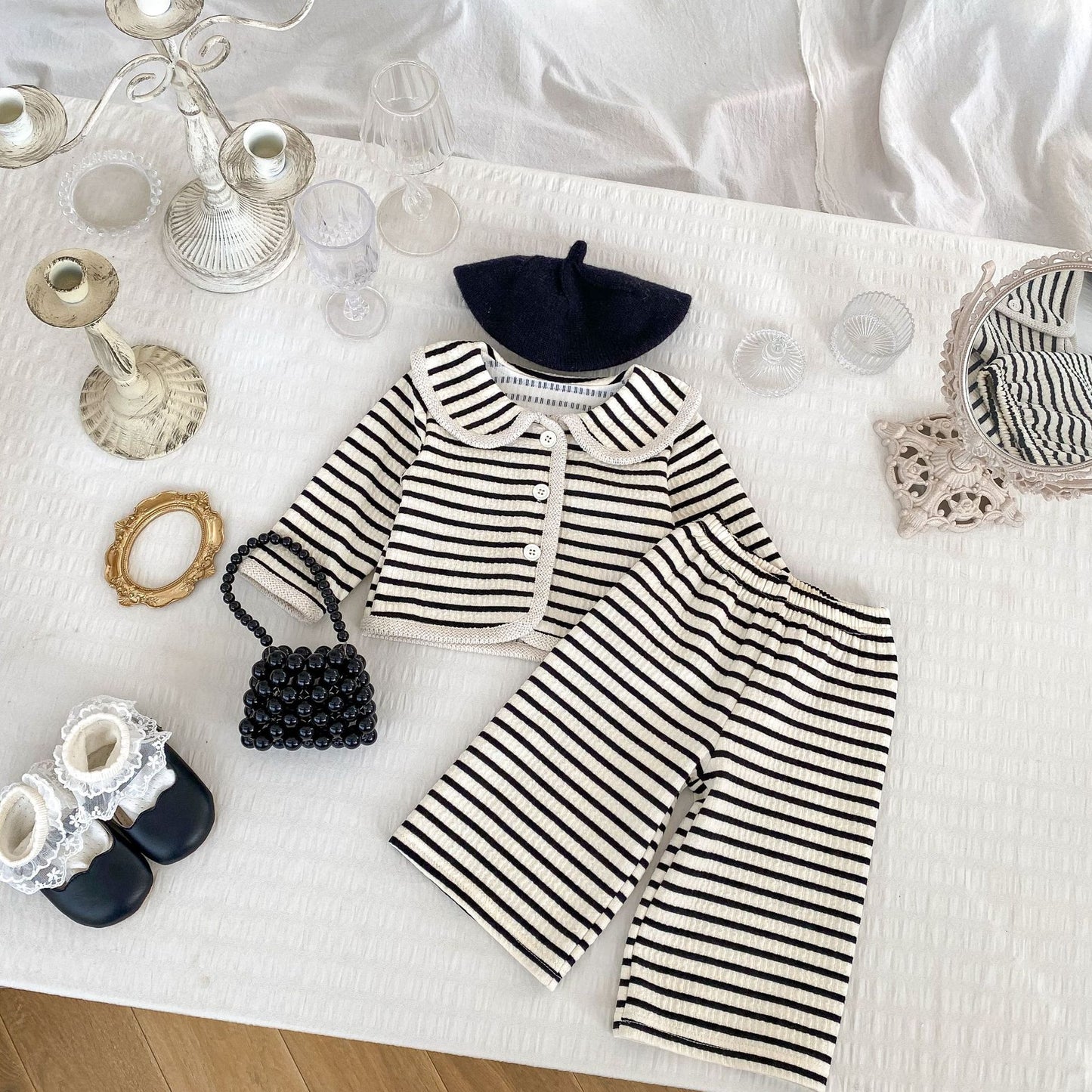 GK25121804春季女童條紋套裝簡約翻領長袖上衣外套休閒寬長褲兩件套(➡️2件或2套起,廠商才有出貨)(可以混搭開頭GK商品)