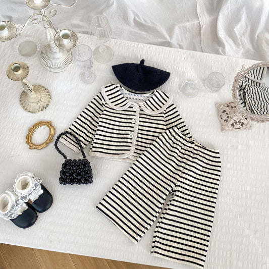 GK25121804春季女童條紋套裝簡約翻領長袖上衣外套休閒寬長褲兩件套(➡️2件或2套起,廠商才有出貨)(可以混搭開頭GK商品)