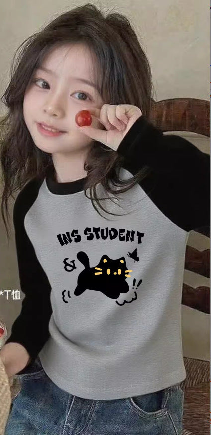 CE260905012女童時尚卡通拼色純棉長袖T恤秋季兒童休閒百搭印花打底衫上衣潮