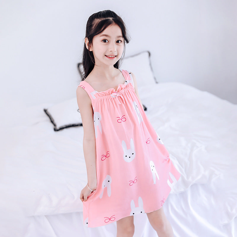CK26050503女童睡裙棉綢夏季薄款兒童冰絲吊帶睡衣女童夏裝公主裙大童家居裙(9-12天到貨)