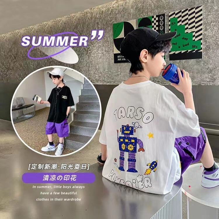 F23062210短袖兩件套夏季2023新款兒男童童裝衣服中大童寬鬆套裝卡通潮流