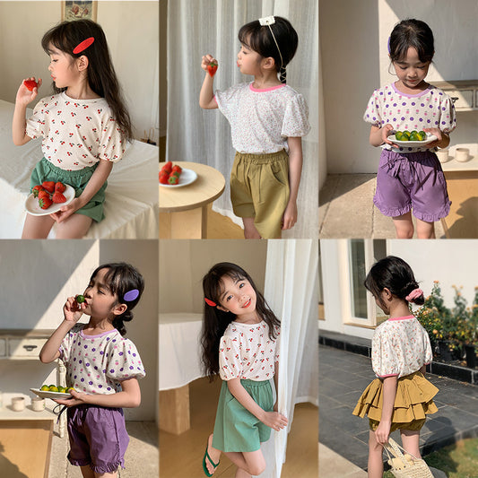 J24022919外貿韓版童裝女童春夏季時尚洋氣粉紅泡泡袖針織衫兒童短袖上衣潮