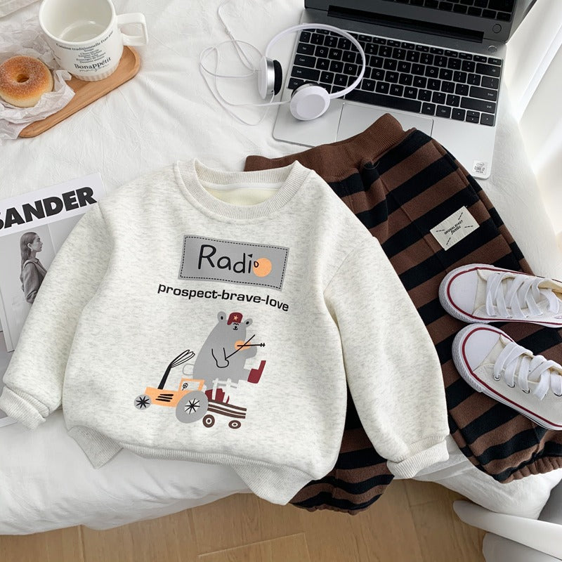 CA25112709男童加絨衛衣秋冬裝中小童卡通洋氣套頭衫2023新款兒童一體絨上衣