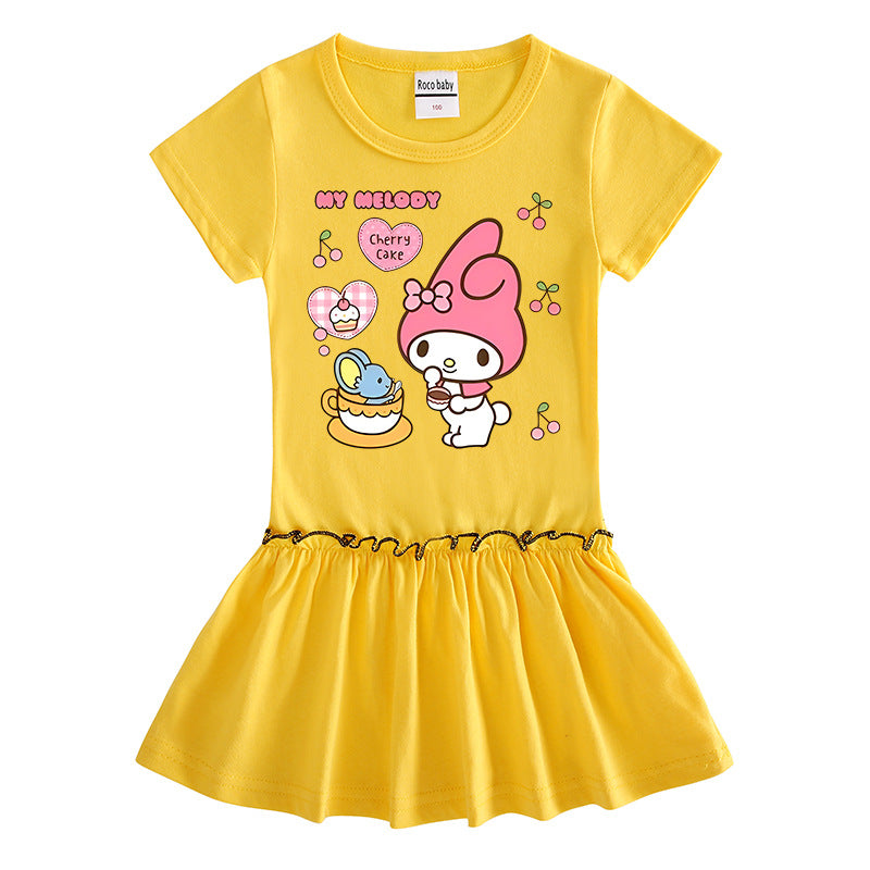 CI26041512夏季韓版時尚童裝卡通半袖女孩女孩撞色女寶寶洋氣百褶裙