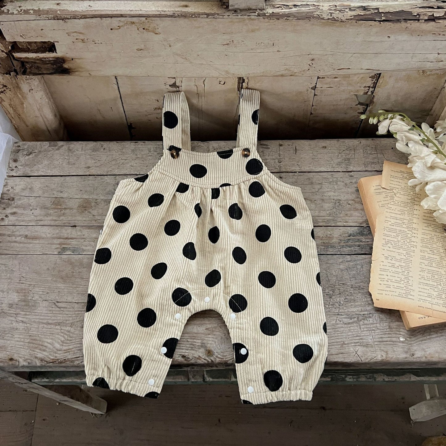 GF25081504  ins韓版女孩寶寶春季秋季純棉坑上衣圓點印花燈芯絨背帶長褲套裝