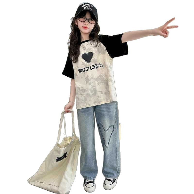 FO26062607童短袖T恤棉質夏裝學生印花紮染洋氣女孩中大童半袖上衣夏季潮中大童半袖上衣夏季潮