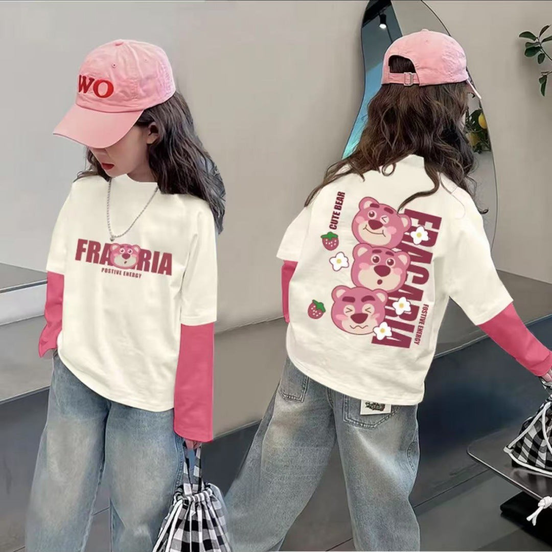 CE25091904純棉女孩拼色可愛長袖T恤秋季網紅潮流卡通動漫燈光打底上衣