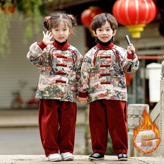 Z23122111漢服男女童同款加絨喜慶冬款中國風唐裝外套新年裝兒童套裝拜年服(9-12天到貨)