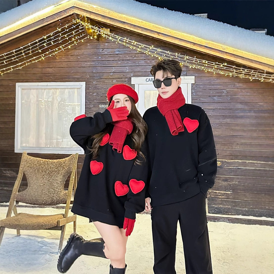 L26010603過年親子裝新款三口嬰兒爬服母女加絨加厚紅色立體愛心衛衣潮