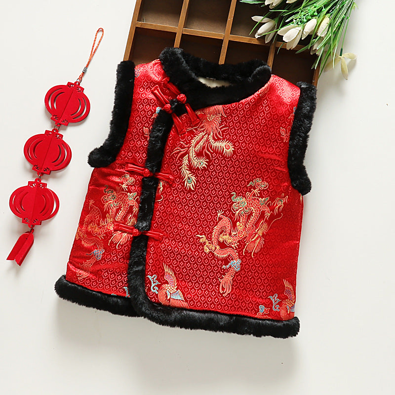 Z26010251中式年服兒童馬甲男女童加絨加厚背心喜慶新年裝唐裝