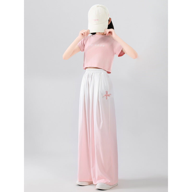 FM26042203女童薄款褲子夏季兒童洋氣漸變色2026冰絲闊腿褲中大兒童長褲童裝