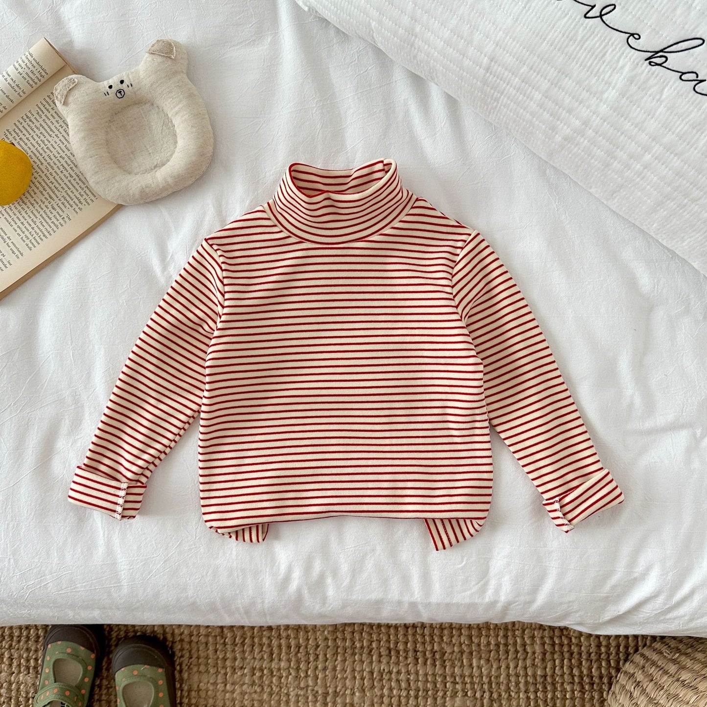 CA25112718秋冬兒童時尚條紋打底衫半高領德絨童裝長袖T卹內女孩搭保暖上衣