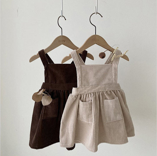 GB24011119韓版春秋嬰兒童裝燈芯絨洋裝百天週歲寶寶森系文藝背心裙