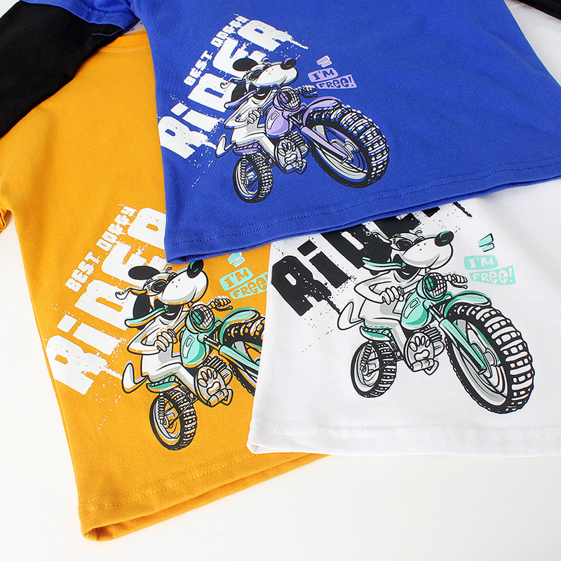 FI25101402春季童裝韓版新款兒童長袖T恤大童卡通假兩件撞色上衣男童打底衫