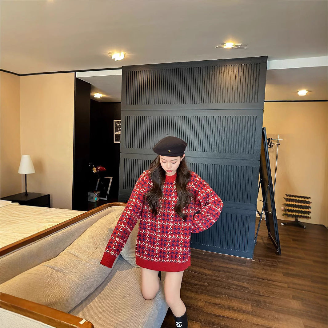 L26010614馬年親子裝秋冬毛衣2025新款紅色童裝三口針織衫母女拜年服潮