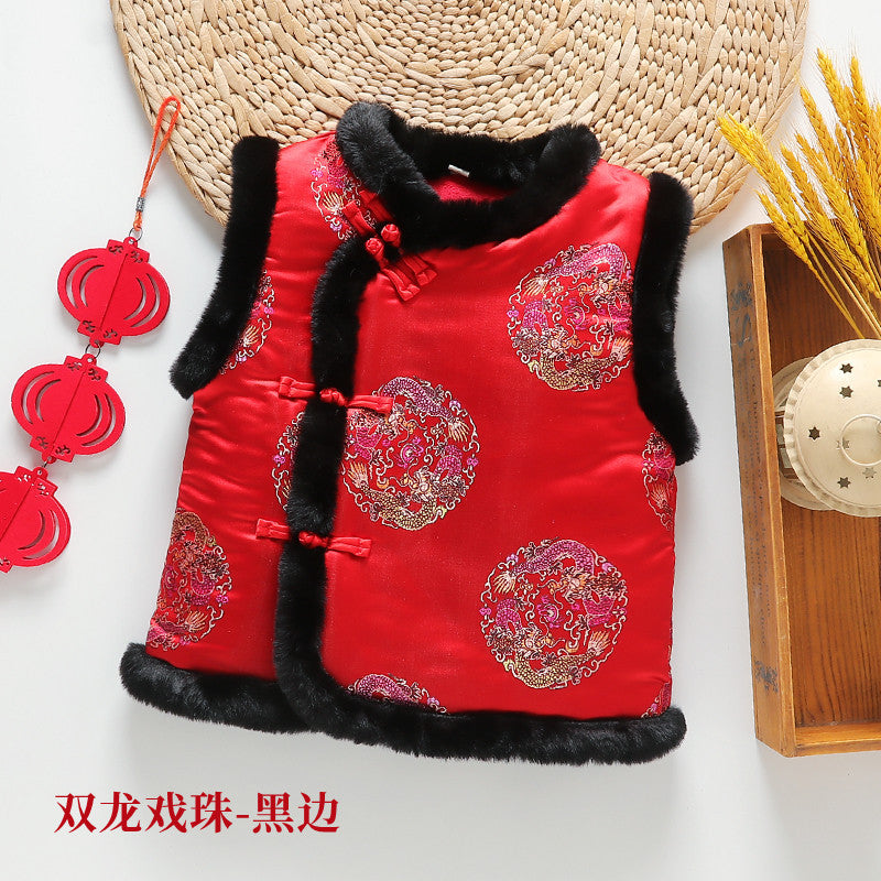 Z26010251中式年服兒童馬甲男女童加絨加厚背心喜慶新年裝唐裝