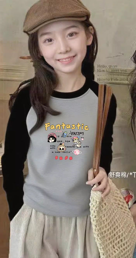 CE260905012女童時尚卡通拼色純棉長袖T恤秋季兒童休閒百搭印花打底衫上衣潮