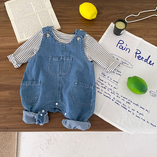 G25092505秋季嬰兒背帶褲套裝洋氣男女寶寶牛仔連身衣分體兩件套外出服