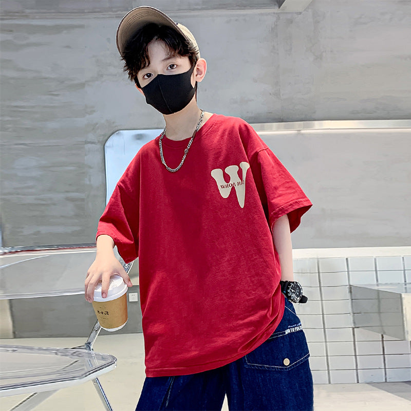 Z25030413男童短袖純棉t恤新款夏季字母洋氣寬鬆半袖t韓版男孩上衣兒童裝