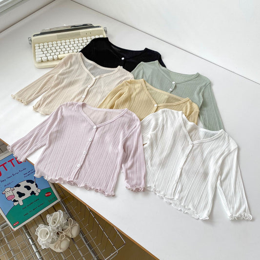 GN26030915女童防曬衣純色輕薄洋裝女寶寶夏季木耳邊開襟裙(2件起批)GN開頭需下單2款才有出貨,可混搭