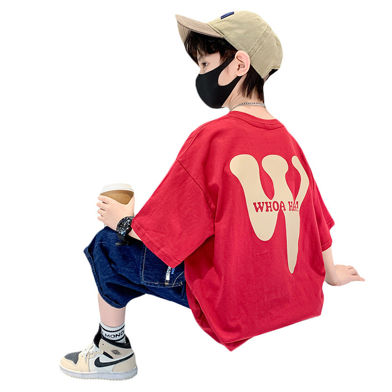 Z25030413男童短袖純棉t恤新款夏季字母洋氣寬鬆半袖t韓版男孩上衣兒童裝