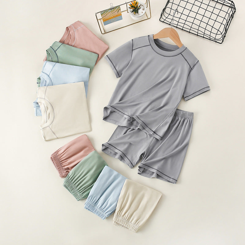 CK26050511莫代爾兒童睡衣男童家居服女童短袖短褲中大童男孩冰絲服裝套裝(9-12天到貨)