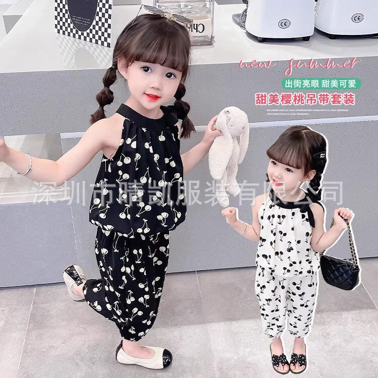 A25072305女童夏裝休閒套裝新款洋氣兒童中小童女孩櫻桃掛脖吊帶兩件套童裝