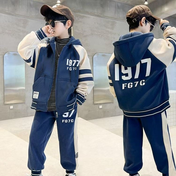 FG25112014男童雙面加絨加厚金絲絨套裝中大兒童拉鍊開襟衫運動休閒冬裝兩件套