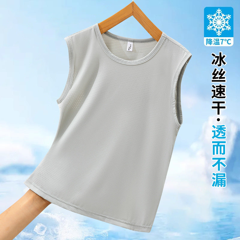 FN260529兒童冰絲速乾背心夏季男童純色中大童裝無袖薄款網眼坎肩上衣