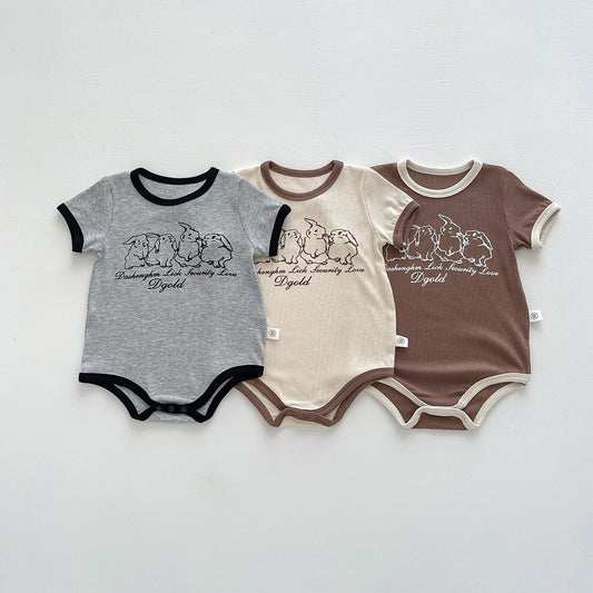24041410韓版新生夏季嬰兒短袖卡通連身衣簡單舒適螺紋三角爬服