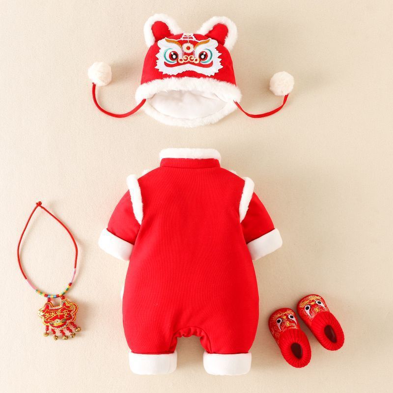 GM26010105嬰幼兒拜年服棉服連身衣服男寶寶百天過年哈衣冬季加厚戶外爬服