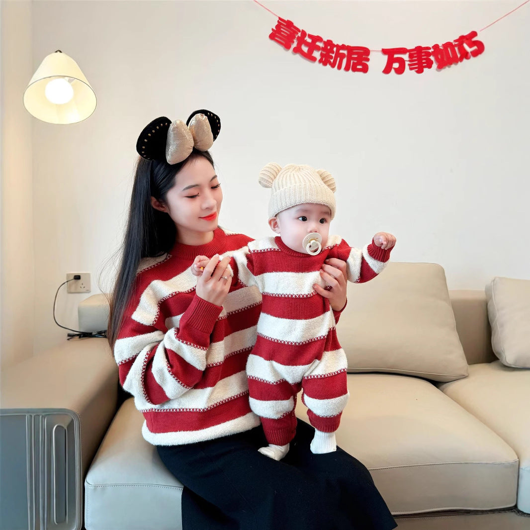 L26010601過年親子裝秋冬新款三口新年親子母女裝寶寶條紋紅色喜慶毛衣