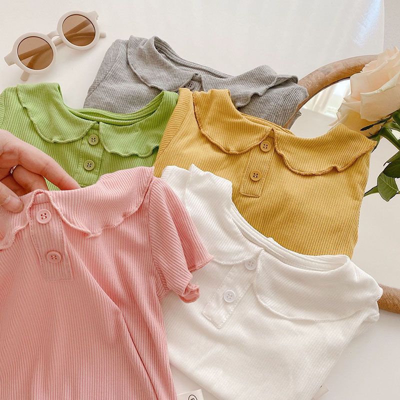 Z25030905女童冰絲短袖T恤夏季薄款女寶寶娃娃領兒童純色百搭上衣打底衫潮