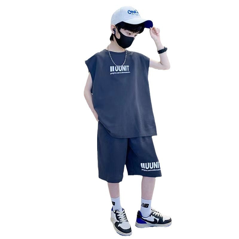 FM26042202男童夏裝套裝男童背心短褲套裝休閒無袖運動中大童兩件套兒童衣服