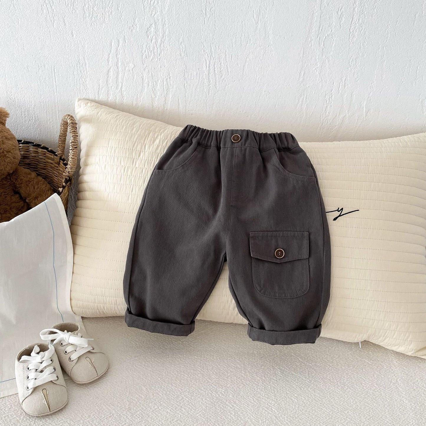 Z26010234韓版2025春秋爆款純色百搭潮流寶寶休閒褲男童口袋設計感長褲