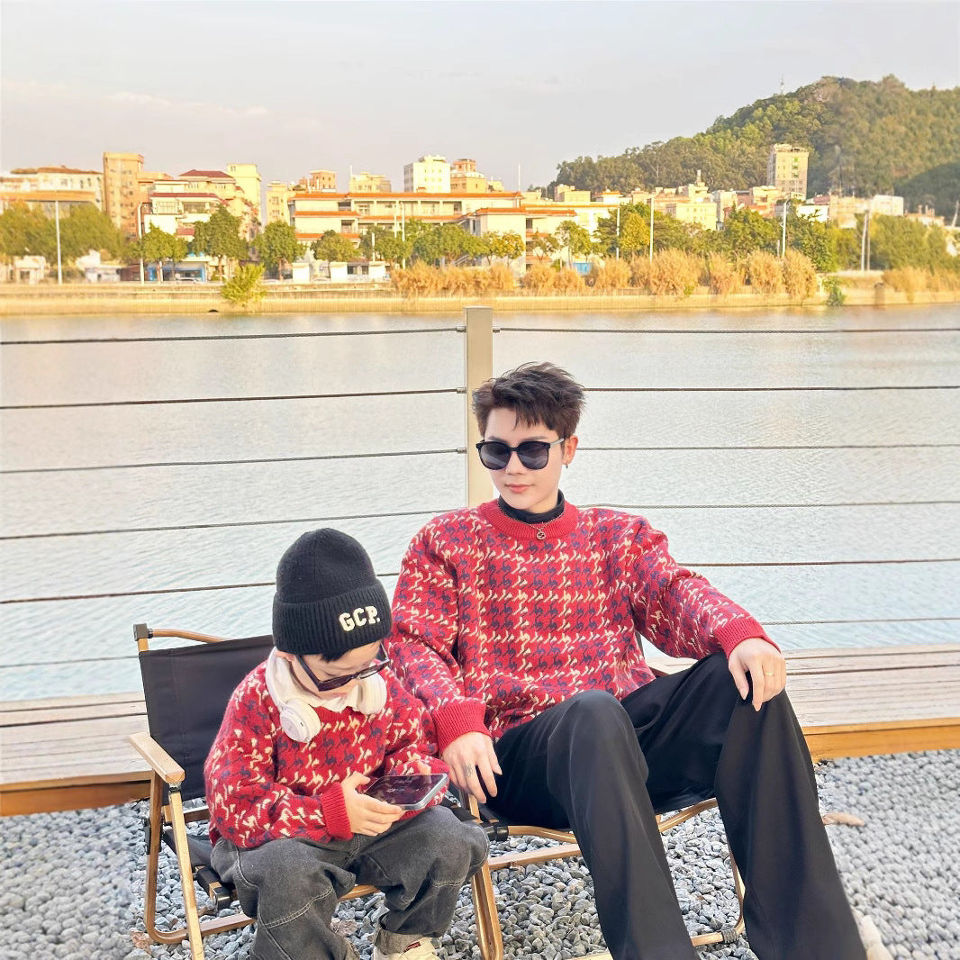 L26010614馬年親子裝秋冬毛衣2025新款紅色童裝三口針織衫母女拜年服潮