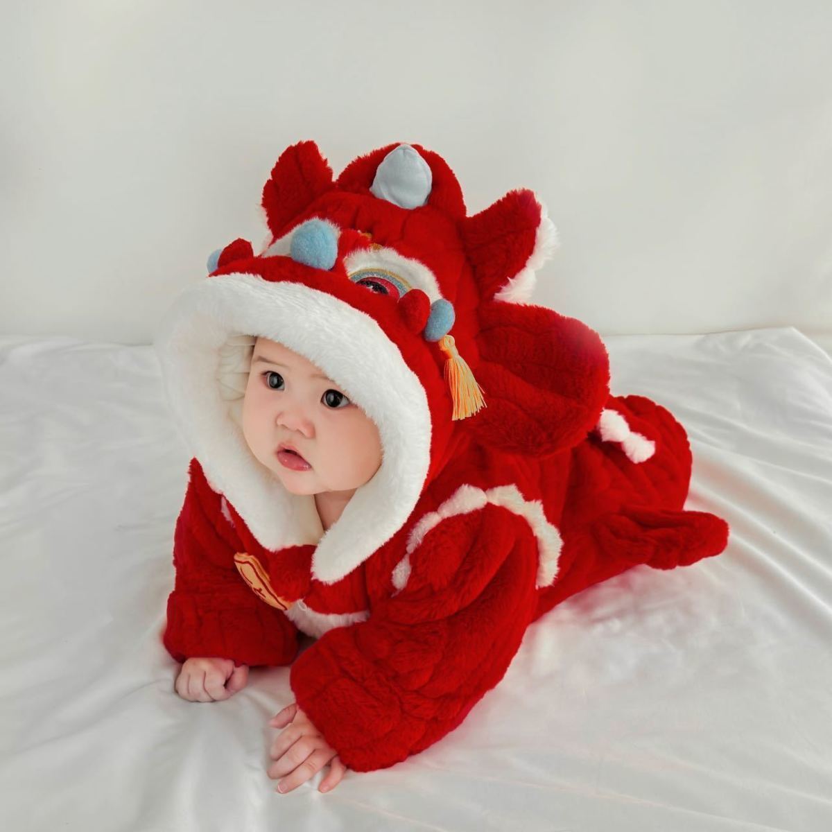 GM26010107寶寶連身衣服冬裝寶寶拜年服加絨加厚哈衣紅色喜慶超萌過年外出服