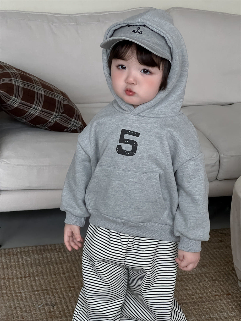 GN26012704寶寶衣服秋冬加厚連帽衛衣套裝韓版童裝男童條紋衛褲加絨兩件套