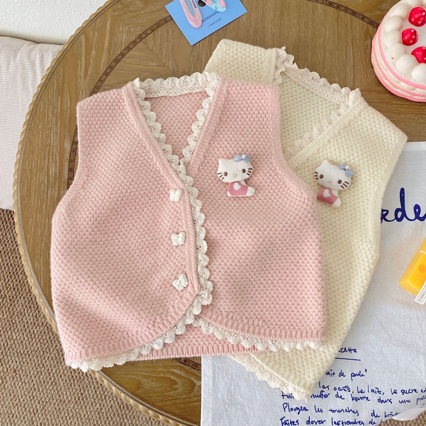 G25092506秋冬新款坎肩V領疊穿開襟背心純色蕾絲邊馬甲女針織衫百搭毛