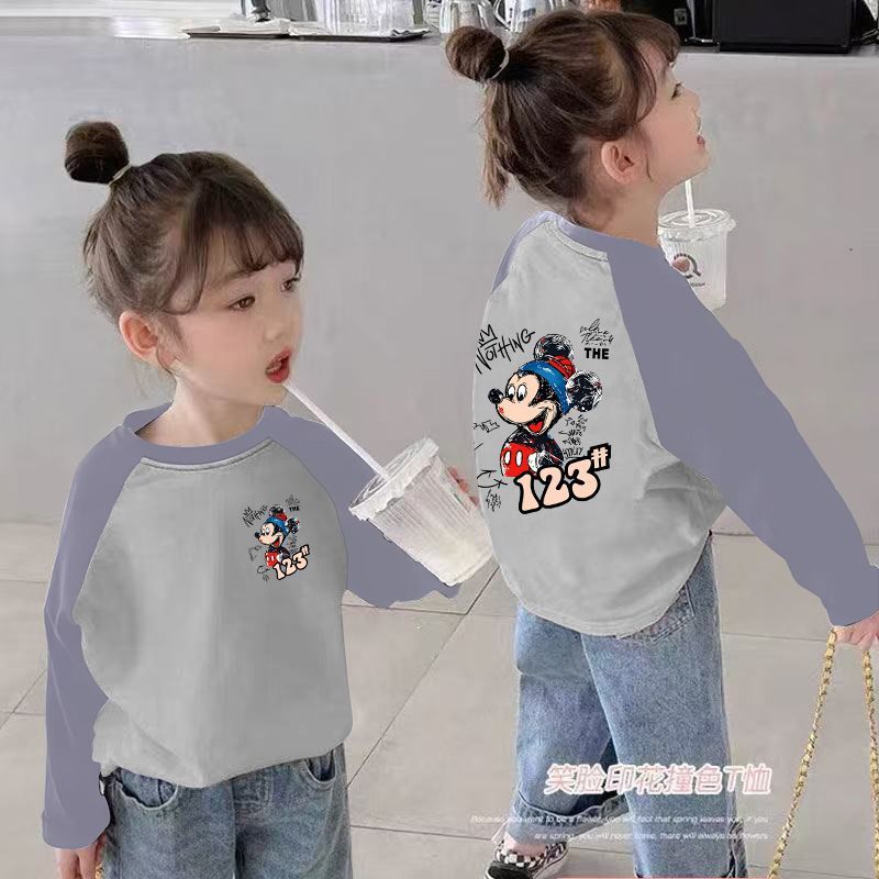 CE25091901女童長袖t卹春秋裝新款兒童撞色卡通洋氣女孩中大童打底上衣