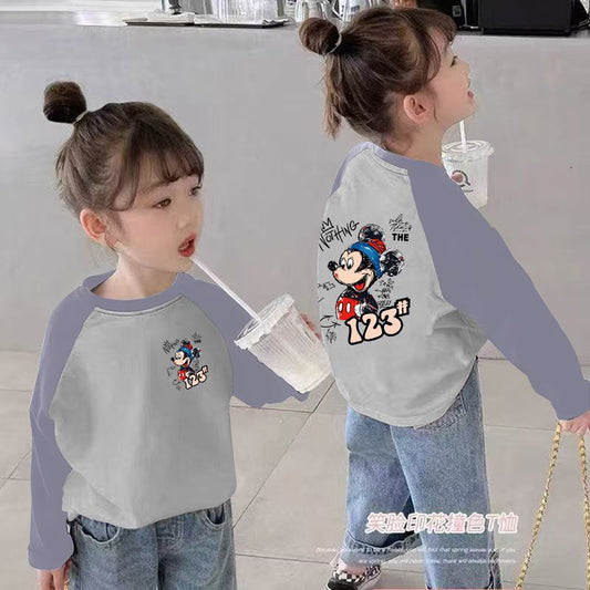CE25091901女童長袖t卹春秋裝新款兒童撞色卡通洋氣女孩中大童打底上衣