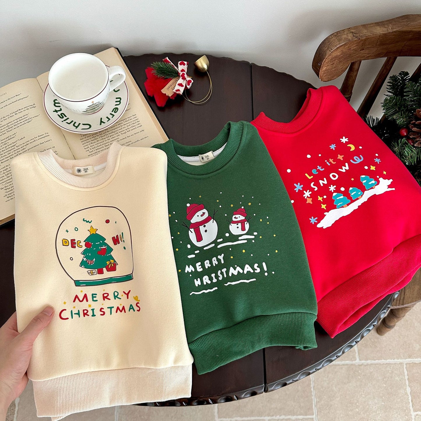 CA25112703跨國歐美童裝加絨衛衣秋冬長袖T恤打底衫美式新年聖誕節圓領上衣