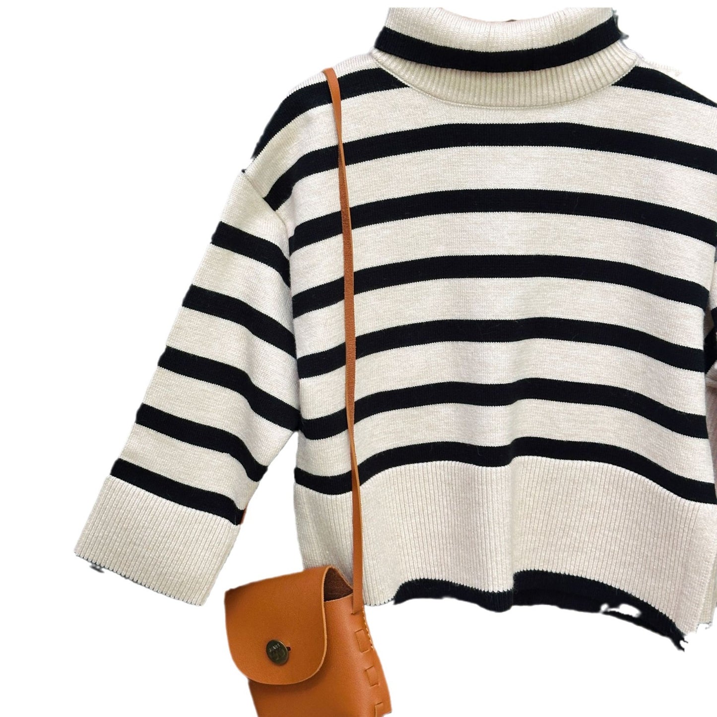 CF25091916童裝韓國版套裝秋季復古條紋毛衣套裝女童套頭毛衣修身闊腿褲