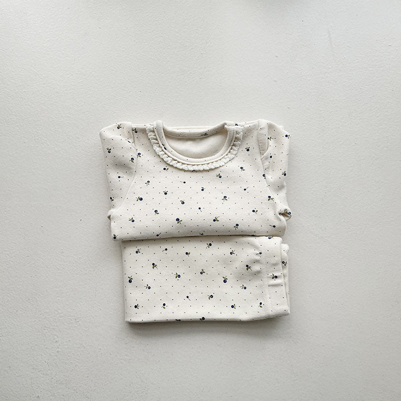 GB25111314韓版嬰幼童棉印花彈性居家服套裝新生兒潮搭可愛蕾絲套裝舒適潮